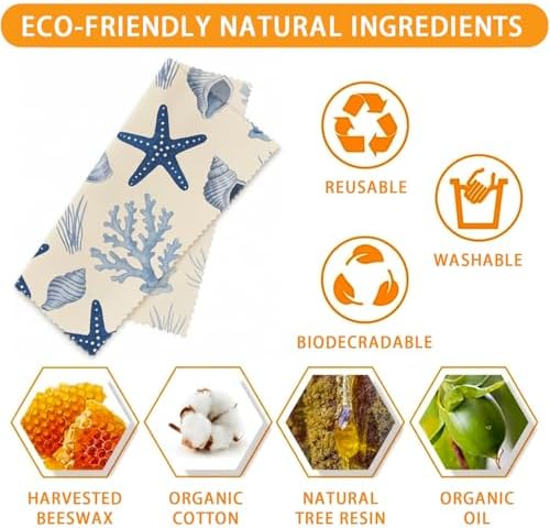Reusable Beeswax Wraps, Sea Turtle&Starfish Shell Wraps, 9 Pack Eco-Friendly Food Storage, Organic, Sustainable, Zero Waste, Plastic-Free, Sandwich, Bowl, Fruit, 1XL, 3M, 5S - Image 3