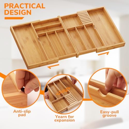 BAMEOS Expandable Silverware Drawer Organizer with Removable Knife Blocks, Bamboo Kitchen Utensil Holder from 21" to 36", Large Cutlery Tray with Divider for Forks, Spoons, Knives - Image 4