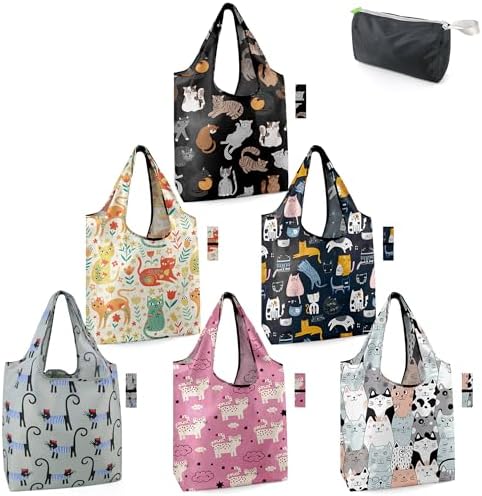 BeeGreen 6 Pack Cats Reusable Grocery Bags Gifts for Cat Lovers with Elastic Band Reusable Shopping Bags Bulk 50LBS X-Large Foldable-Machine Washable-Heavy Duty by BeeGreen