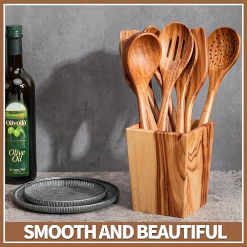 Gudamaye 13 inch Long Wooden Spoons for Cooking, 9 PCS Natural Teak Wooden Kitchen Utensil Set with Utensils Holder Made of Australia Camphor Laurel Wood，Wooden Utensils for Cooking - Image 3