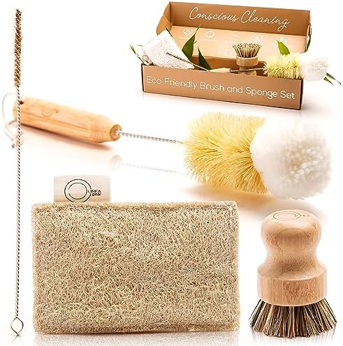 Bamboo Dish Brush Set, Plastic Free Kitchen Cleaning Kit by Linea+Gear