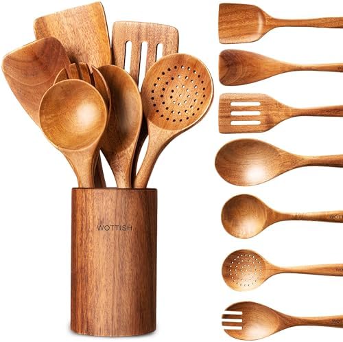 Wooden Spoons for Cooking - 8-Piece Wooden Kitchen Utensil Set made of Natural Solid Wood Material-Includes Spoons,Spatulas,Ladles,Mixing Spoon and Utensil Holder,Holiday Gifts(A08) by WOTTISH
