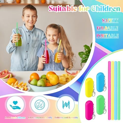 Meanplan 4 Sets Reusable Straws Travel Case Brush Silicone,Neon Colors - Image 6