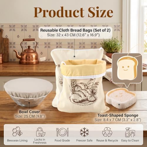 2 Pack XL Beeswax Bread Bags with Bowl Cover & Cleaning Sponge Set - Image 2