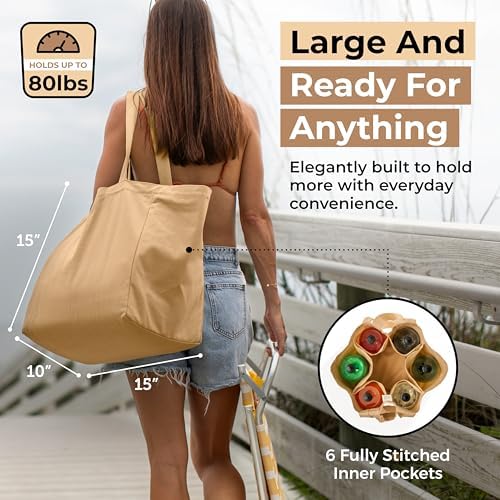 VeraMia Canvas Grocery Bag 3pc XL Set with Real Pockets, Long Shoulder Strap and Short Handle. Heavy Duty, Foldable, Washable - Image 2