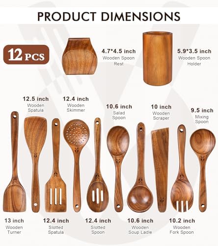12Pcs Soft Grip Teak Wooden Utensil Set, Durable Spoons for Family Kitchen - Image 3
