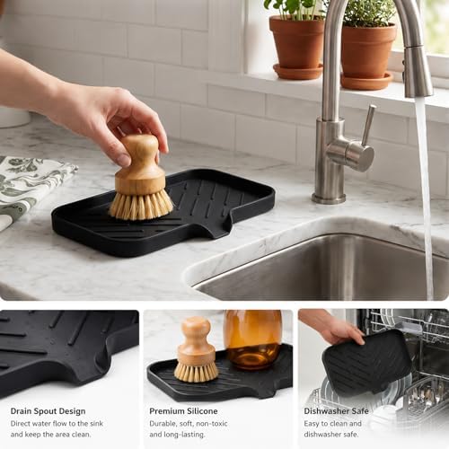 MicoYang Silicone Soap Dish with Drain Spout — Self-Draining Sink Organizer Tray for Bathroom & Kitchen, Sponges, Dispensers & Soap Holder, Non-Slip & Dishwasher Safe, Black (Medium, 9.6"×5.3") - Image 4