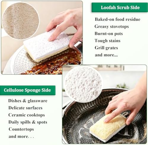 Natural Loofah Kitchen Sponges, 8 Pack Eco Compostable Cellulose Dish Washing Scrubbers, Non-Scratch Plastic-Free Cleaning Sponge Pads for Dishes, Pans, Sink, Cookware & Bathroom - Image 4