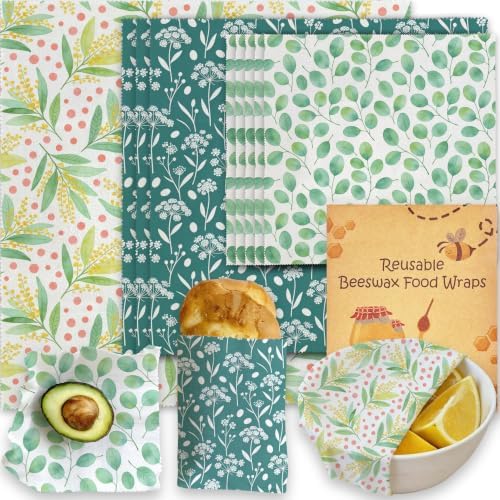 Reusable Beeswax Wraps, Leaves & Flowers Wraps, 9 Pack Eco-Friendly Food Storage, Organic Cotton, Sustainable, Zero Waste, Plastic-Free, Sandwich, Snack, Bowl Covers, 1XL, 3M, 5S by Unknown