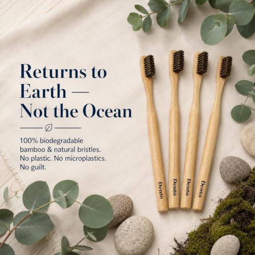 Dento Bamboo Toothbrush 4 Pack, Natural Horsehair Bristles, Soft - Image 2