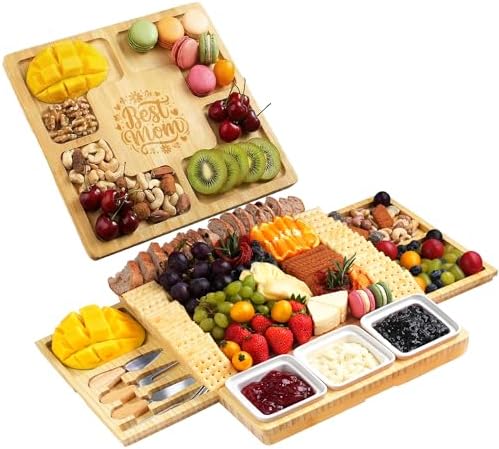 Large Bamboo Charcuterie Board, Double Pull-Out, Engraved Mom Print by Maxboro