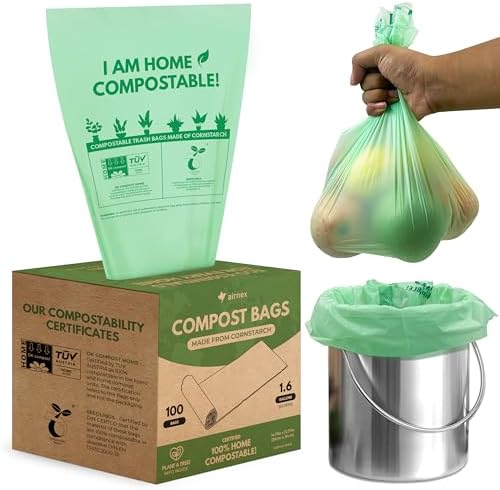AIRNEX Small Compost Bags 1.6 Gal - 100 Compostable Kitchen Trash Bags for Countertop Bin - Cornstarch Leakproof & Tear-Resistant - OK Compost Home & Seedling Certified 0.18 mm Kitchen Garbage Bags by Airnex