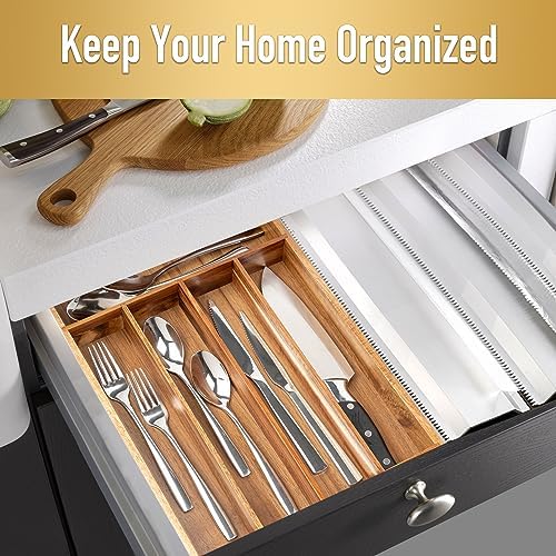 Besilord Silverware Organizer Kitchen Drawer Organizer Utensil Organizer Acacia Silverware Holder Cutlery Organizer in Drawer Flatware Organizer Tray(5 slots, Acacia - Image 3