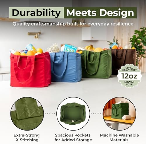 VeraMia Canvas Grocery Bag 3pc XL Set with Real Pockets, Long Shoulder Strap and Short Handle. Heavy Duty, Foldable, Washable - Image 4