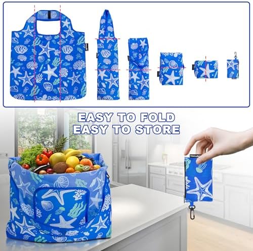 HOLYLUCK Reusable Grocery Bags,Heavy Duty Foldable Shopping Tote Bag (Standard, 3 Starfish) - Image 5