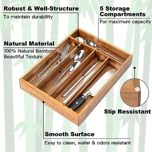 Besilord Silverware Organizer Kitchen Drawer Organizer Utensil Organizer Acacia Silverware Holder Cutlery Organizer in Drawer Flatware Organizer Tray(5 slots, Acacia - Image 4