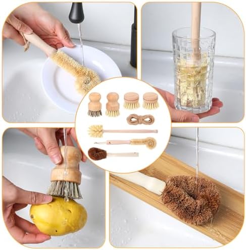 8 Pcs Bamboo Dish Brush Dish Washing Scrub Bottle Brushes Wooden Palm Pot Brush Cleaning Scrubbers with Natural Sisal Bristles Long Handle for Pots Pans, Vegetables, Household Cleaning - Image 7