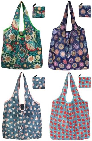 Tote Bag, 4 Pack 50Lbs Reusable Grocery Bags Gift For Women, Bulk Foldable Shopping Totes With Handles, Stylish Large Boho Tote Bags, Portable Market Cloth Storage Bags, Lightweight Heavy Duty by NewOpportunityInLivingKindly