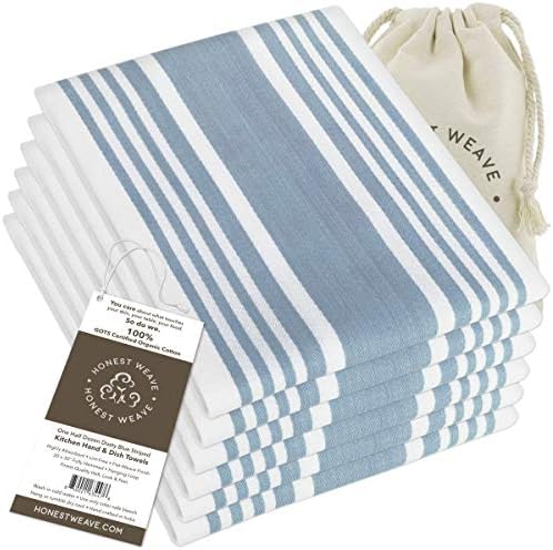 HONEST WEAVE GOTS Certified Organic Cotton Kitchen Hand and Dish Towel Sets - Oversized 20x30 inches, Fully Hemmed, in Designer Colors, 6-Pack, Dusty Blue Stripe by HonestWeave