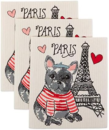 DII Swedish Dishcloths for Kitchen & Cleaning, Reusable, Machine Washable & Dishwasher Safe, Biodegradable, 7.75 x 6.75, Dog in Paris, 3 Piece by DII