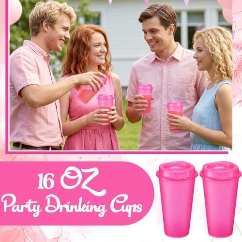 Honeydak 45 Pack 16 oz Reusable Coffee Cups with Lids Water Bottle Iced Coffee Travel Mug Portable Plastic Tea Tumblers Bulk for Hot and Cold Drinks Birthdays Party (Hot Pink,Stylish) - Image 5