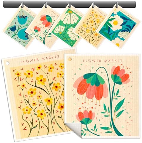 Miss Adola Swedish Dishcloths for Kitchen - 5 Pack Reusable Dish Cloths for Washing Dishes Absorbent Cute Funny Kitchen Towels Cleaning Sponge, Cartoon Flower by MissAdola