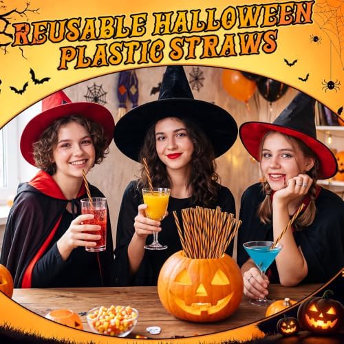 Honeydak 50 Pcs Reusable Plastic Straws Bulk,Black and Orange Stripe - Image 6