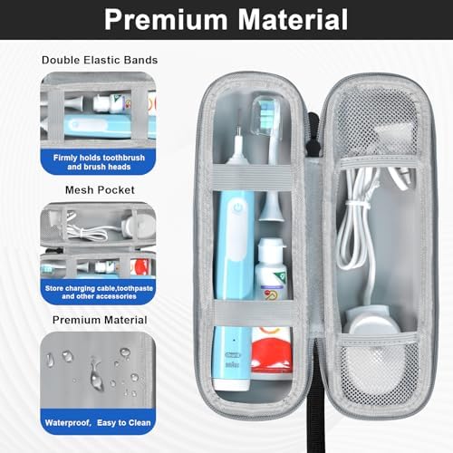 Travel Case for Oral-B/Oral-B Pro/Phlips Sonicare Electric Toothbrush with 2pcs Toothbrush Heads Cover Cap, Portable Hard Protective Storage Bag with Accessories Storage (Black) - Image 3