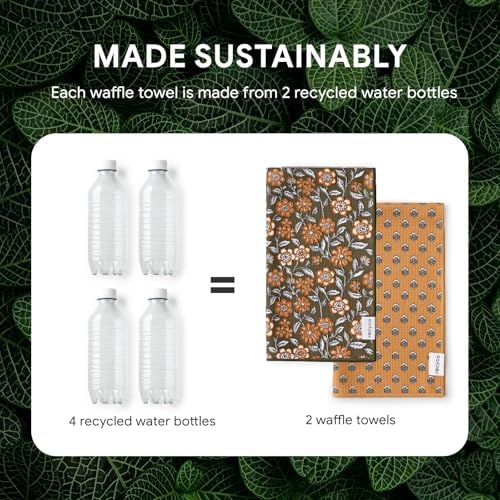 RECYCO Waffle Kitchen Towel Set of 2 - Quick Dry Microfiber Sustainable Dish Towels - Ultra Absorbent Reusable Cleaning Tea Towels - Lightweight Hand Towels,16”x 28”, Amber Flora - Image 5