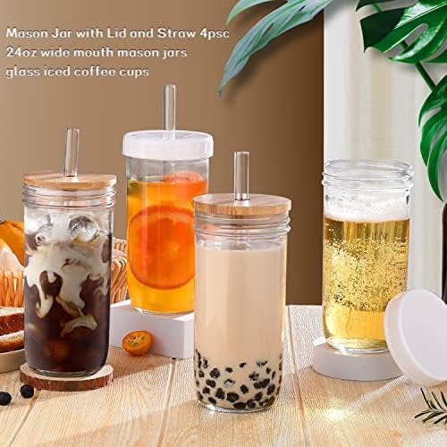 DWTS DANWEITESI Glass Cups with Lids and Straws,24 oz Smoothie Cup with Lid and Straw-Boba Mason Jar,Matcha Cup Wide Mouth Reusable Drinking Glasses,Iced Coffee Cups Glass,Vasos De Vidrio【4 Pack】 - Image 4