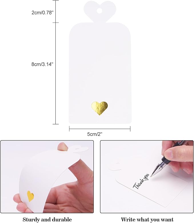 joycraft 100pcs Blank Gift Tags with String, 4x2 in White Paper Tags with Foil Gold Heart, Personalized Gift Wrapping Labels for Birthday, Baby Shower, Wedding, Valentine's Day