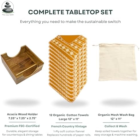 Reusable Paper Towels with Holder | Eco Friendly Kitchen Gift Set | 12 Towels Gold Ochre Organic Cotton, Sustainable Acacia Holder, Wash Bag | Vintage French Country Zero Waste Kit - Image 2
