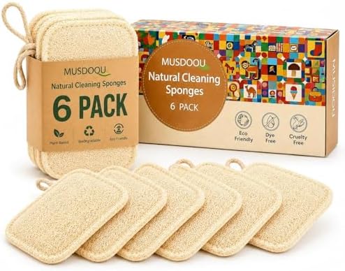 Natural Loofah Dish Scrubber Sponges, 6 Pack Large Plant-Based Kitchen Cleaning Pads, Compostable Non-Scratch Scouring Sponge for Dishes, Sink, Grout and Tile, 4.4 x 2.8 in by Unknown