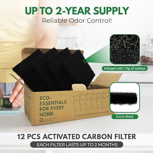 AIRNEX Charcoal Filters for Compost Bucket 3.5 in Square - Pack of 12 Odor Blocking Compost Filters for Countertop Bin, Trash Cans & Litter Boxes - Universal Replacement Compost Bin Filter Charcoal - Image 4