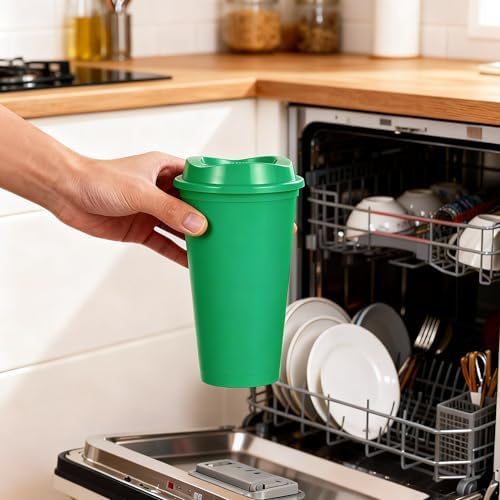 16oz Reusable Plastic Coffee Cups with Lids, 13 Pack, Green - Image 5