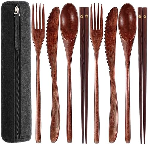 Reusable bamboo Utensils for Eating 8 Pcs Travel Wooden Spoons Forks Chopsticks Cutlery Set with Case Portable Lunch Utensils Silverware Set for Lunch Wood Flatware Set for Eating by Busnos