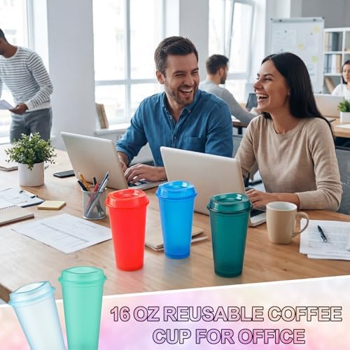 Honeydak 45 Pack 16 oz Reusable Coffee Cups with Lids Water Bottle Iced Coffee Travel Mug Portable Plastic Tea Tumblers Bulk for Hot and Cold Drinks Birthdays Party (Fluorescent Color,Stylish) - Image 5
