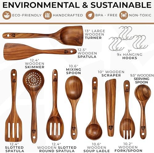 Wooden Spoons for Cooking 10 Pcs, Teak Utensil Set with Hanging Hooks - Image 3