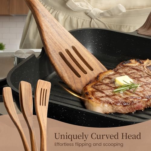 Kikcoin 10 PCS Durable Natural Teak Wooden Cooking Utensil Set, Non Toxic Wooden Spoons for Cooking, Wooden Utensil Set for Cooking with Comfort Grip, Nonstick & Easy to Clean Wood Kitchen Utensil Set - Image 5