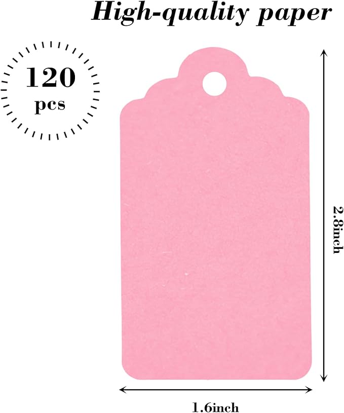 SallyFashion 120PCS Gift Tags with String 1.6 x 2.8 inch Pink Paper Hang Tags for Party Favors Baby Shower Wedding Crafts Decoration (Pink)