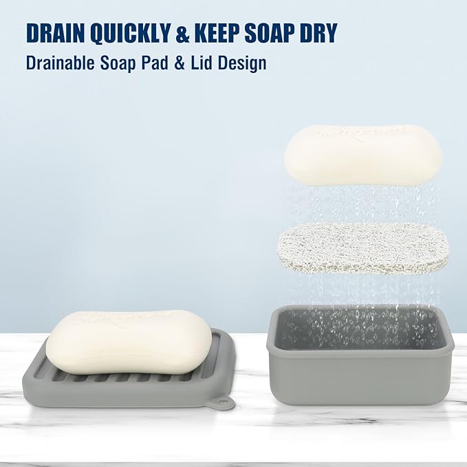 Superior Leak-Proof Silicone Travel Soap Case with Drainage Lid/Layer, Compact Bar Soap Container, Durable Soap Holder for Camping, Gym, and Travel Size Toiletries (Gray)
