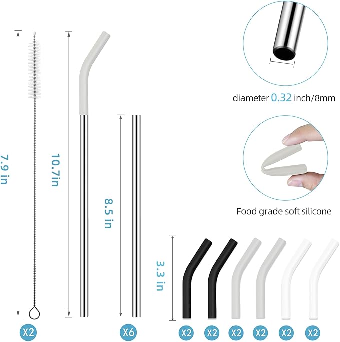 20 oz Stainless Metal Straws for 20 oz Stanley Tumbler, 6Pcs Reusable Straight Long Steel Straws with 12 Silicone Tips and 2 Straw Cleaning Brushes(3Color1, 20oz)