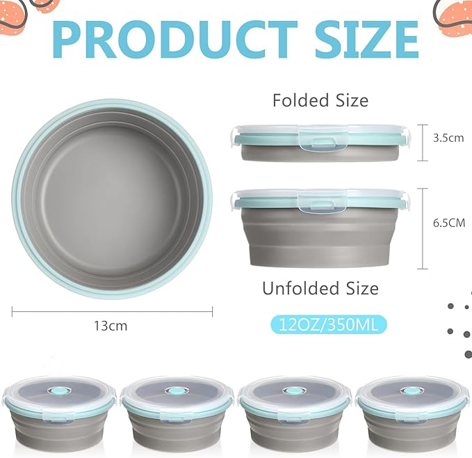 Suclain 4 Pcs Collapsible Bowls with Lids Silicone Camping Food Storage Container Expandable Folding Salad Lunch Box Travel Container for Hiking Camping(Blue Rim Gray,12 oz)
