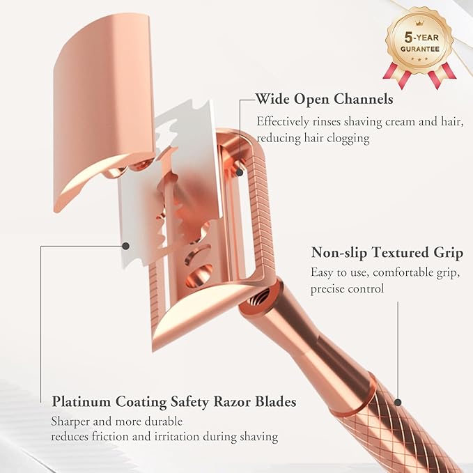 Rose Gold Safety Razor - Single Blade Razors for Women - Reusable Metal Razor, with 5 Stainless Steel Double Edge Blades, Smooth Close Shave, Sustainable, Plastic Free