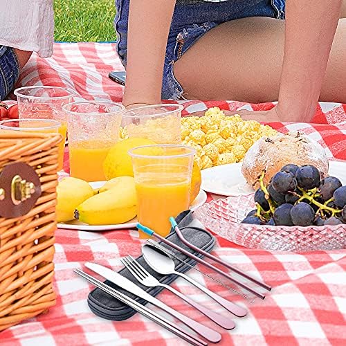 Travel Utensils Set with Case Reusable Portable Cutlery Set Stainless Steel 8pcs Including Dinner Knife Fork Spoon Chopsticks straws(Gradient Pink) - Image 6
