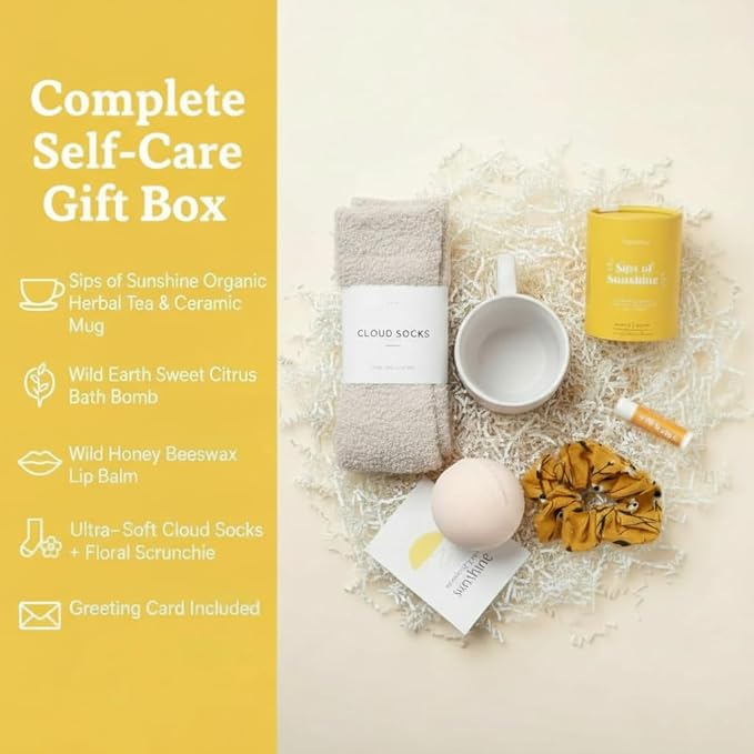 Unboxme Sunshine Spa Gift Basket for Women, Care Package with Tea, Mug, Bath Bomb, Socks, Self Care Gifts for Women, Get Well, Christmas