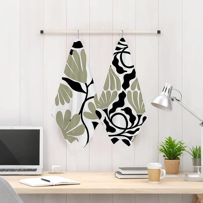 2Pcs Abstract Floral Kitchen Towels 24x14 Inch, Boho Style Sage Green Flower Hand Towels for Kitchen Home Decor, Absorbent Microfiber Dish Cloth Tea Towel, Housewarming Gifts for Women Mom Grandma