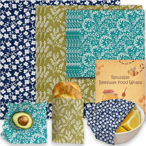 Reusable Beeswax Wraps, Blue Green Floral Wraps, 9 Pack Sandwich, Snack, Bowl, Food Storage, Organic, Sustainable, Zero Waste, Plastic-Free, Eco-Friendly, 1XL, 3M, 5S by Unknown