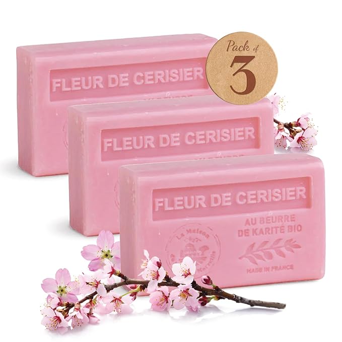 Hand & Body Soap Bars Trio - Cherry Blossom Moisturizing French Soap with Organic Shea Butter - Rich Creamy Lather - 97% Natural Ingredients - Solid Bath Cleanser Made in Provence - 3x4.4 oz