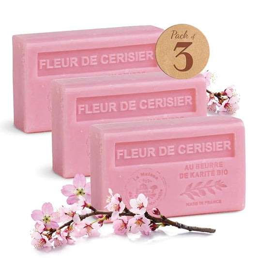 Hand & Body Soap Bars Trio - Cherry Blossom Moisturizing French Soap with Organic Shea Butter - Rich Creamy Lather - 97% Natural Ingredients - Solid Bath Cleanser Made in Provence - 3x4.4 oz